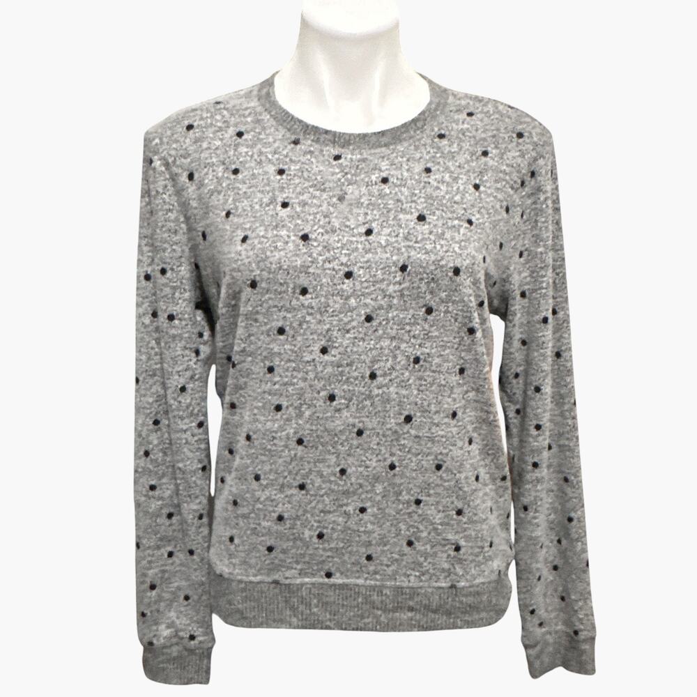 Lucky Brand Pullover Sweater Women Medium Grey Black Polka Dot Crew Neck Cozy